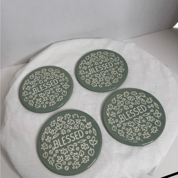 Set of 4 Sage Green Ceramic “Blessed” Coasters by Holiday Home. “Harvest” (2-A) - Picture 2 of 5